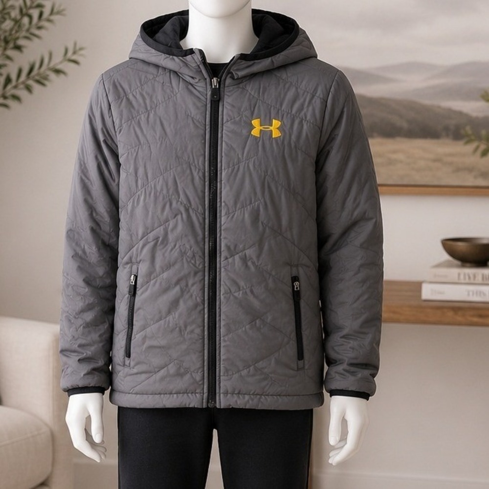 Under Armour Boys Puffer Jacket Gray Quilted Insulated Hooded Youth Medium